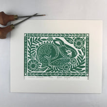 Load image into Gallery viewer, Eastern Cottontail, sylvan green, Mini Block Print, Limited Edition, Woodland wall art w/ 8x10 mat
