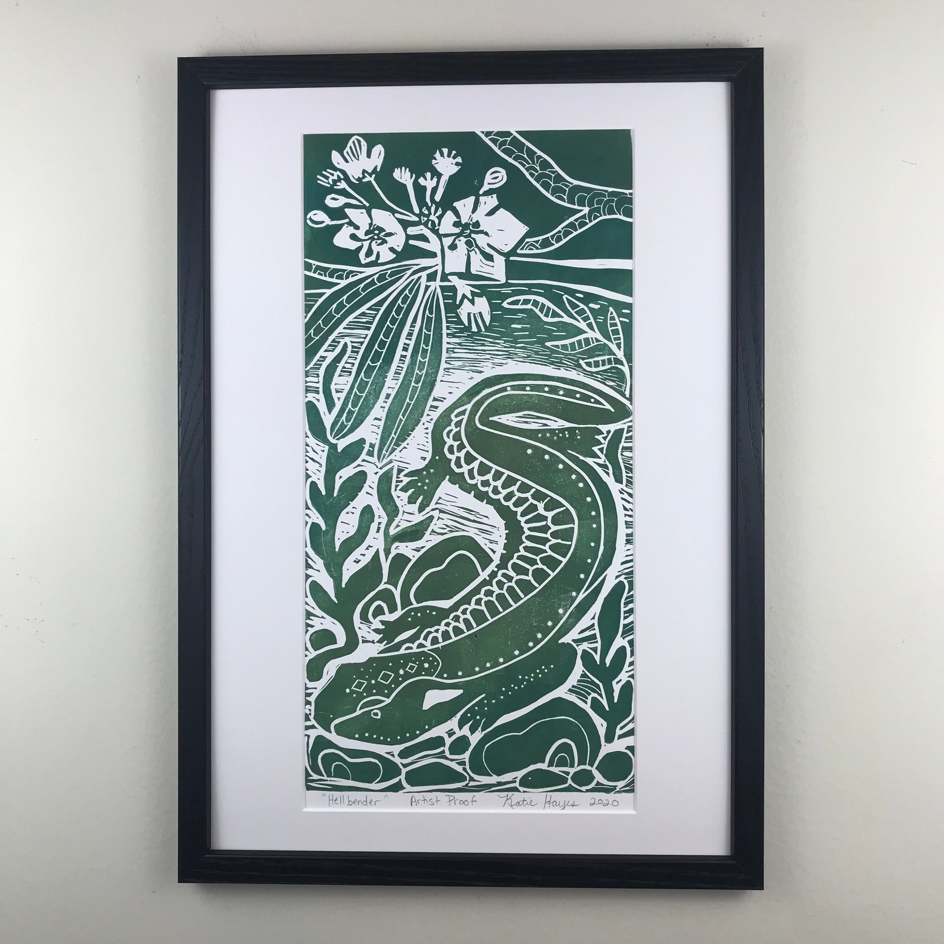 Hellbender Salamander, Artist Proof.  Full color Hand pulled block print, on 12x18 sustainable paper