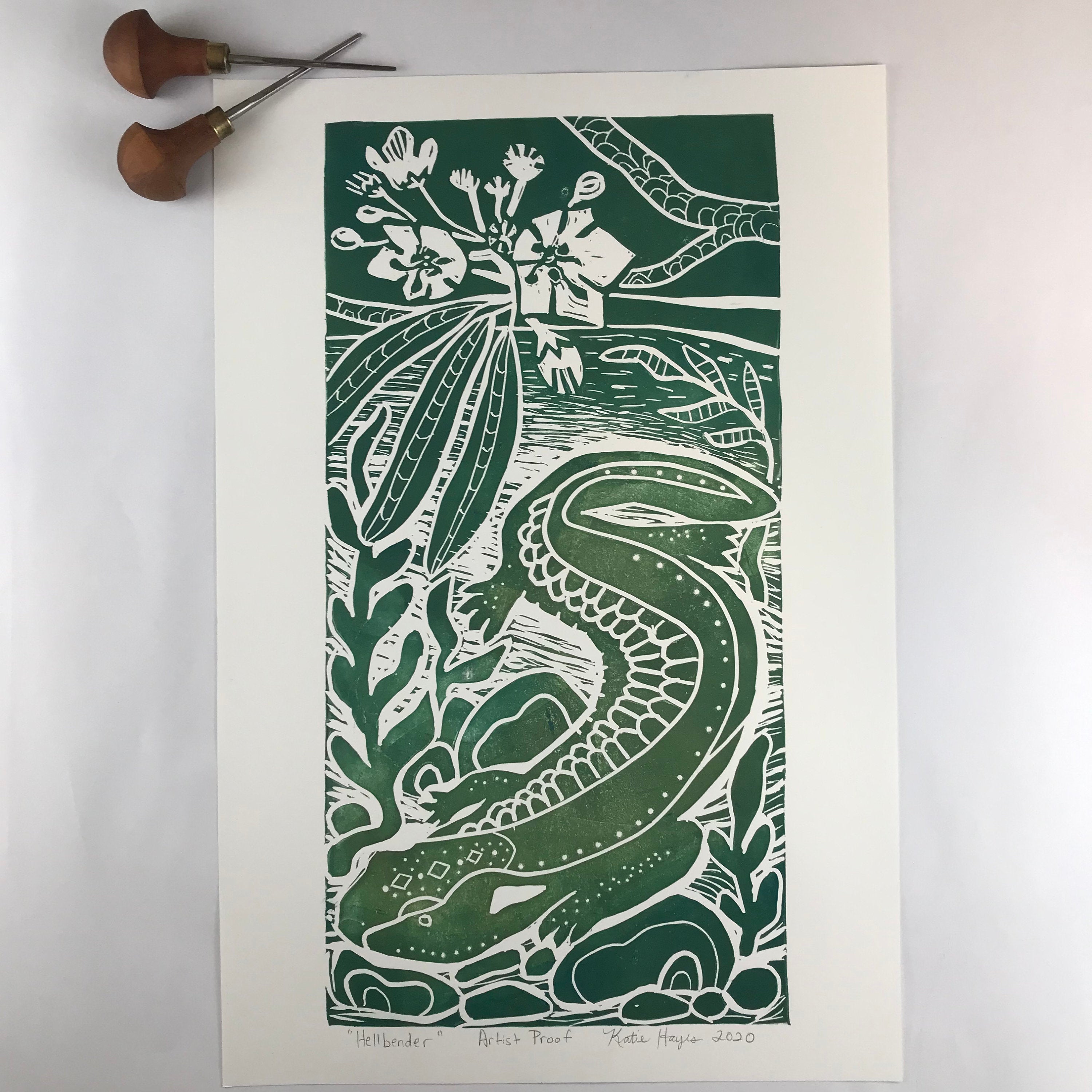 Hellbender Salamander, Artist Proof.  Full color Hand pulled block print, on 12x18 sustainable paper