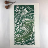 Hellbender Salamander, Artist Proof.  Full color Hand pulled block print, on 12x18 sustainable paper