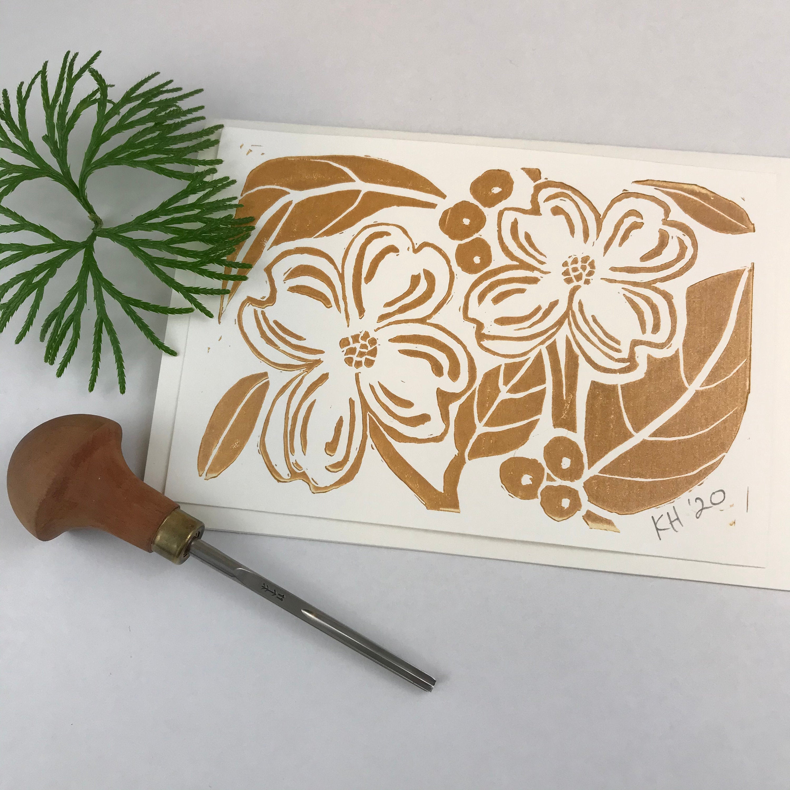 Dogwood blooms in gold, Linocut Greeting Card 5X7