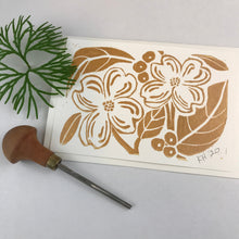 Load image into Gallery viewer, Dogwood blooms in gold, Linocut Greeting Card 5X7
