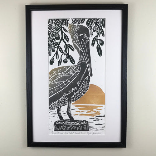 Brown Pelican and Live Oaks, Artist Proof, Full color block print. Hand pulled on 12x18 paper