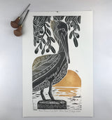 Brown Pelican and Live Oaks, Artist Proof, Full color block print. Hand pulled on 12x18 paper