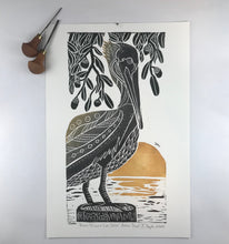 Load image into Gallery viewer, Brown Pelican and Live Oaks, Artist Proof, Full color block print. Hand pulled on 12x18 paper
