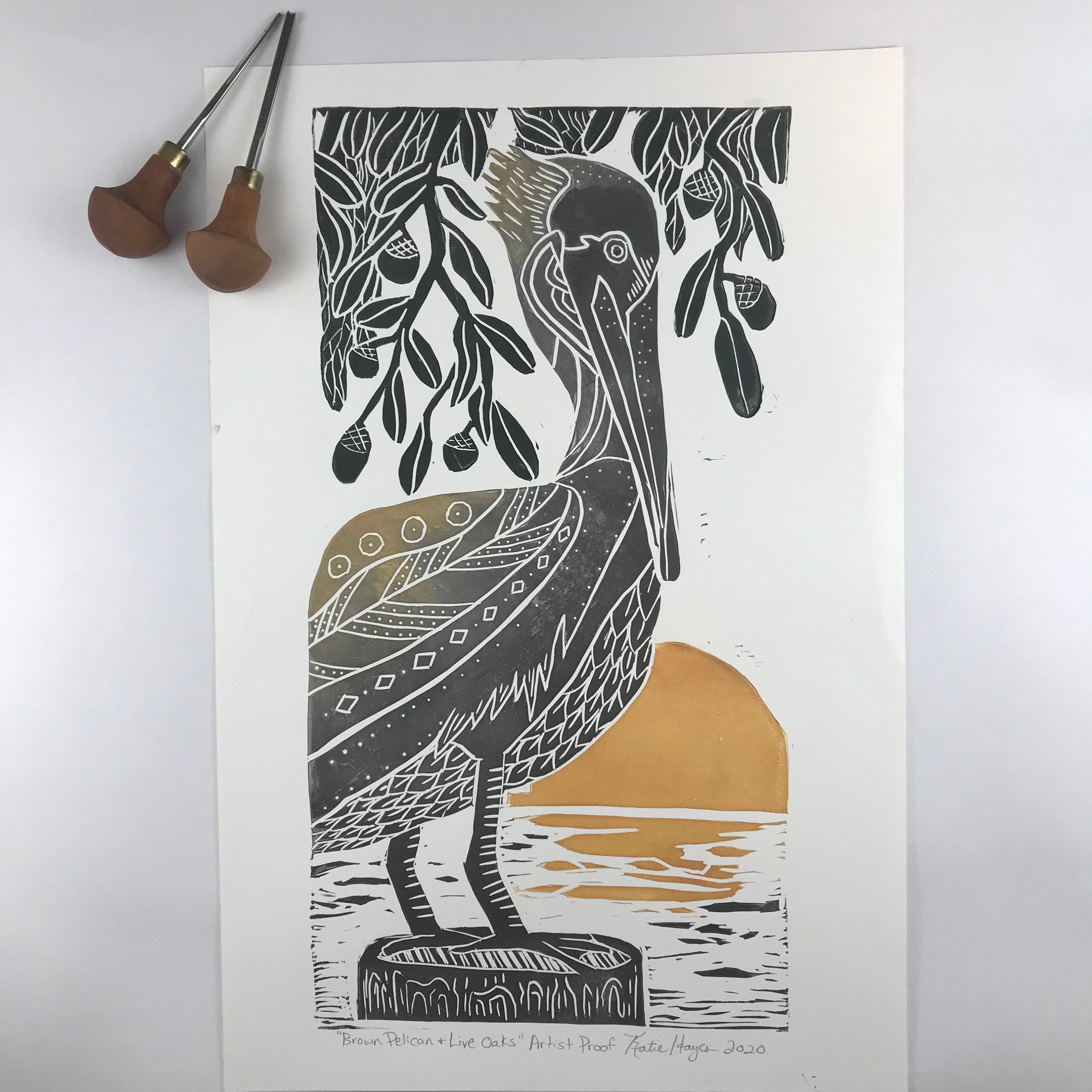 Brown Pelican and Live Oaks, Artist Proof, Full color block print. Hand pulled on 12x18 paper