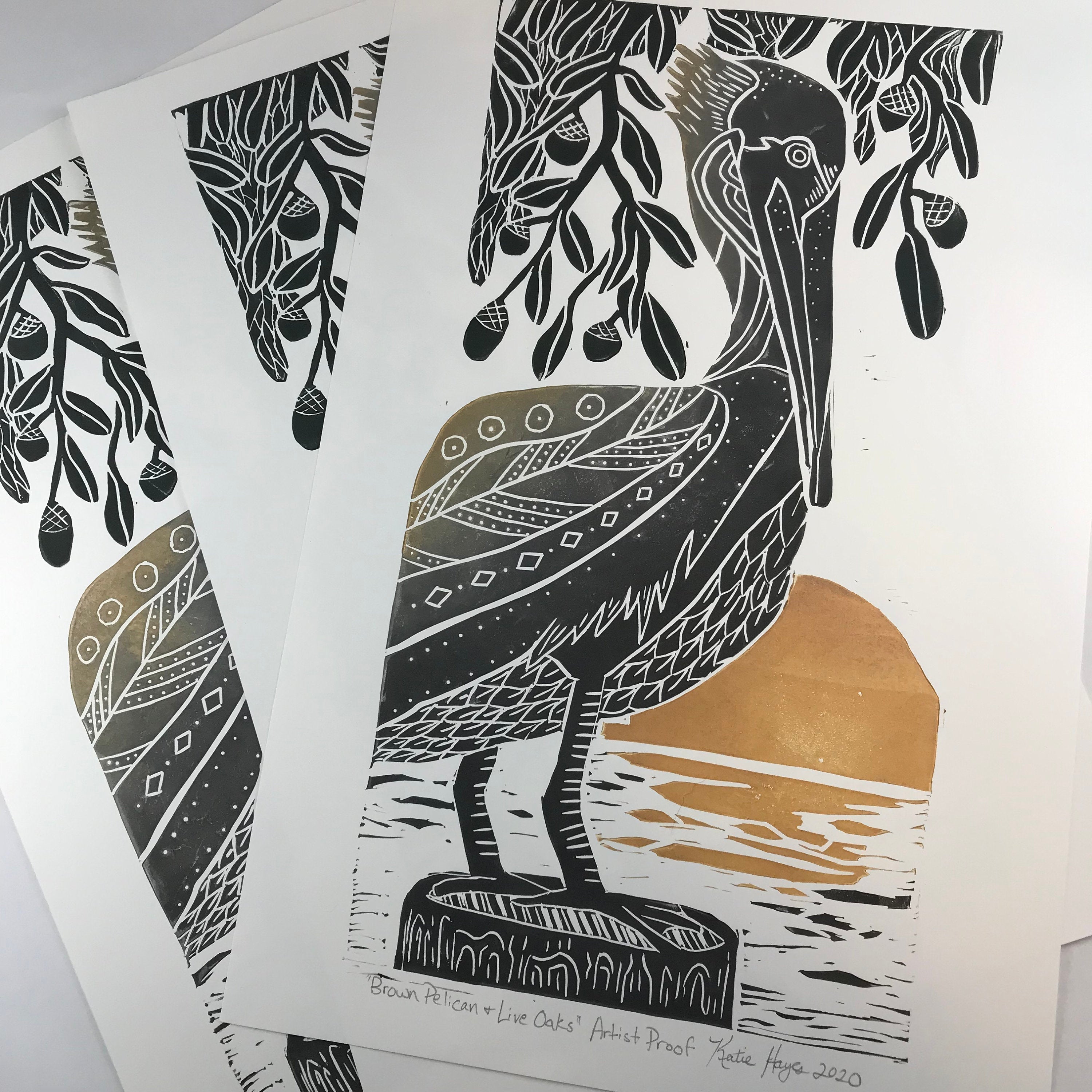 Brown Pelican and Live Oaks, Artist Proof, Full color block print. Hand pulled on 12x18 paper