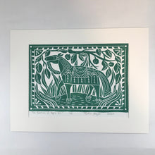 Load image into Gallery viewer, Horse and Apple Tree  in sylvan green Block Print, Limited Edition, Equestrian, wall art 12x16 mat
