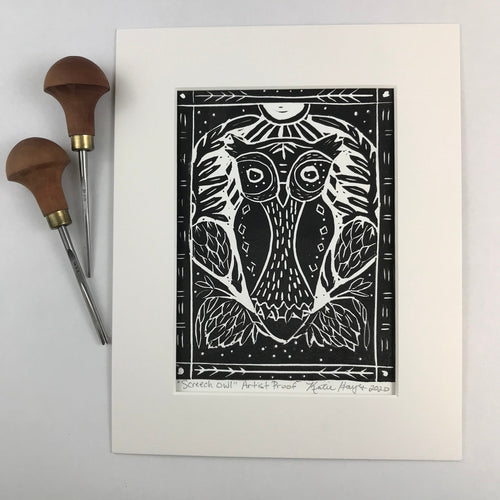 Screech Owl, B& W artist proof Mini Block Print, Limited Edition, Woodland wall art