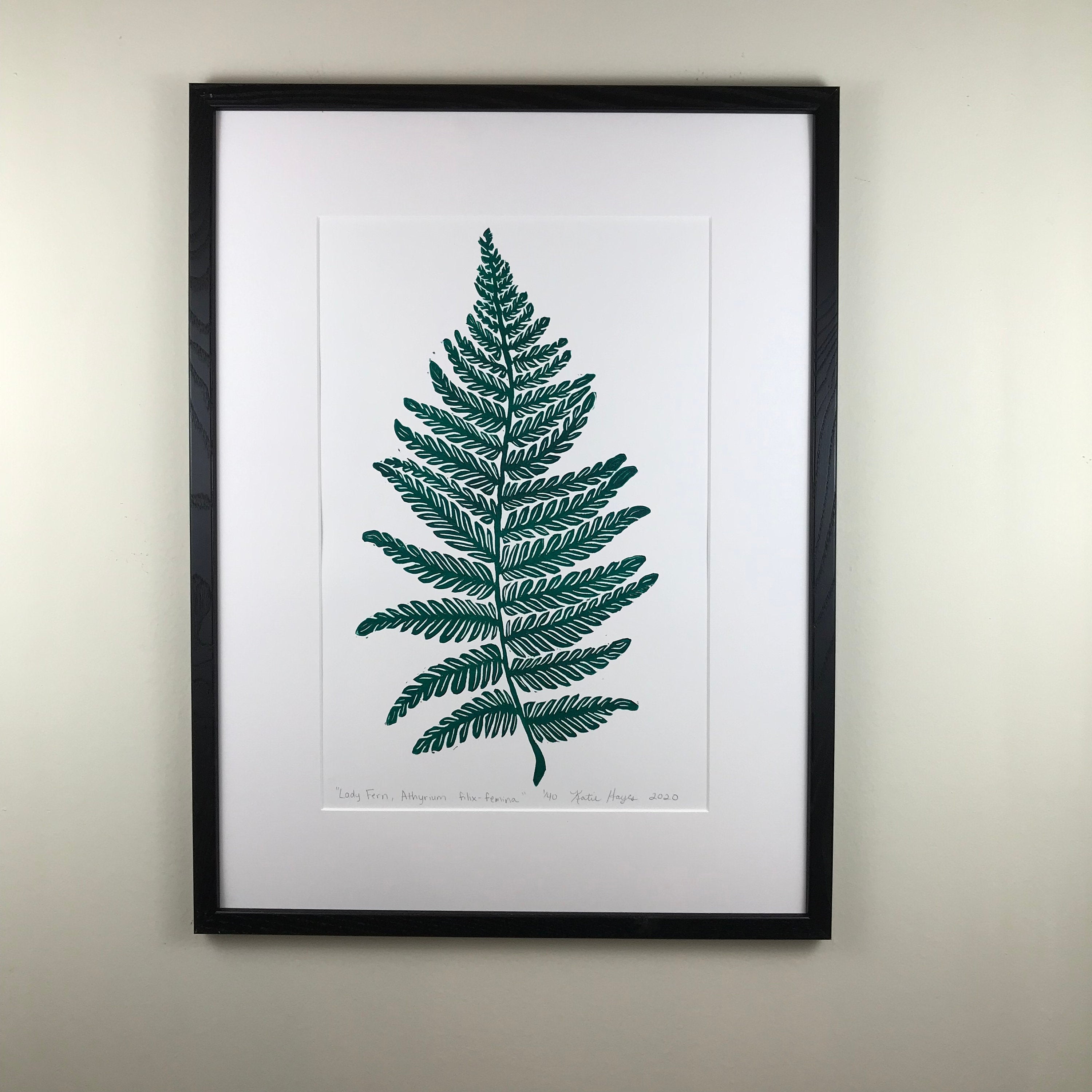 Lady Fern, original block print,  Limited Edition with 18x24 mat, Naturalist Art