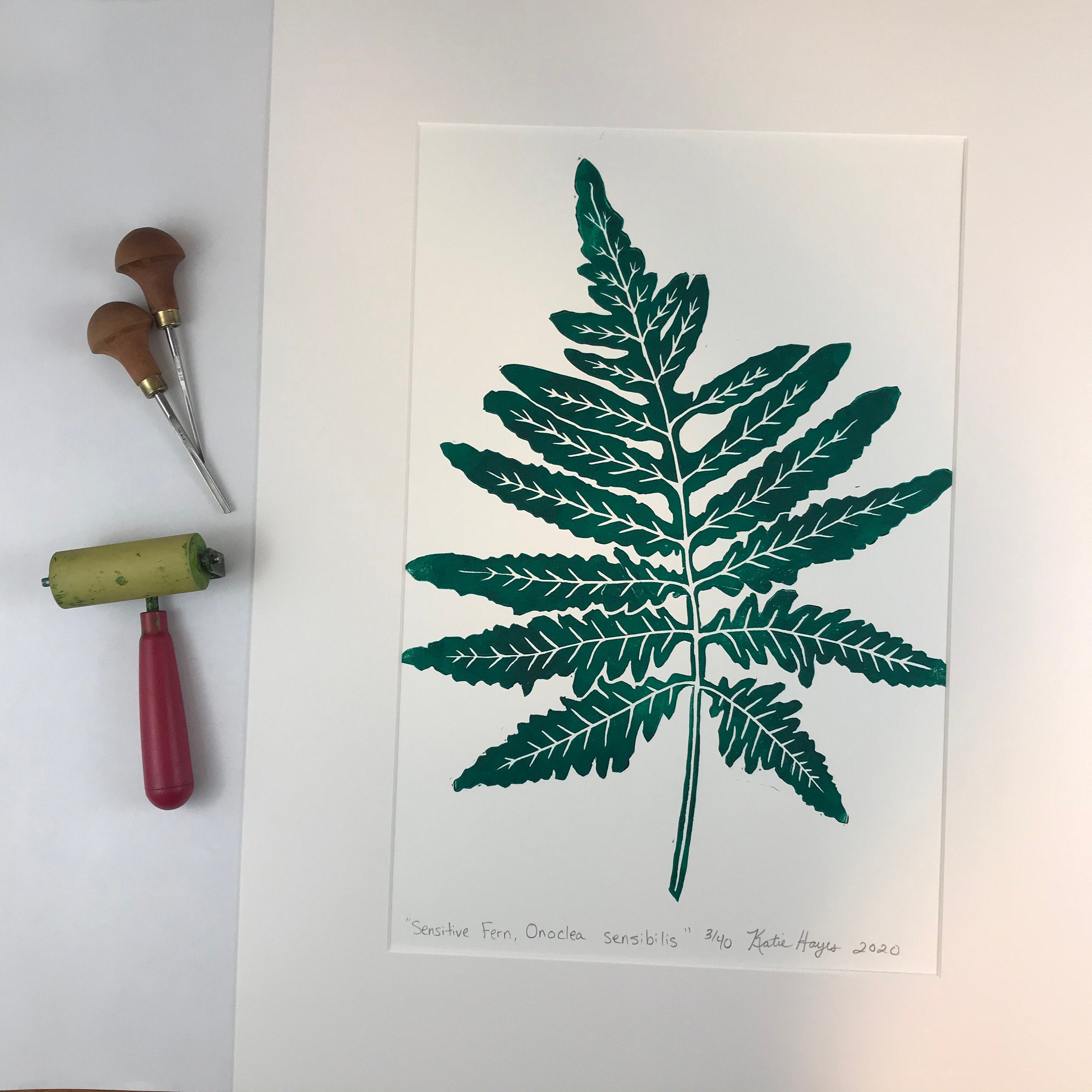 Sensitive Fern, original block print,  Limited Edition with 18x24 mat, Naturalist Art