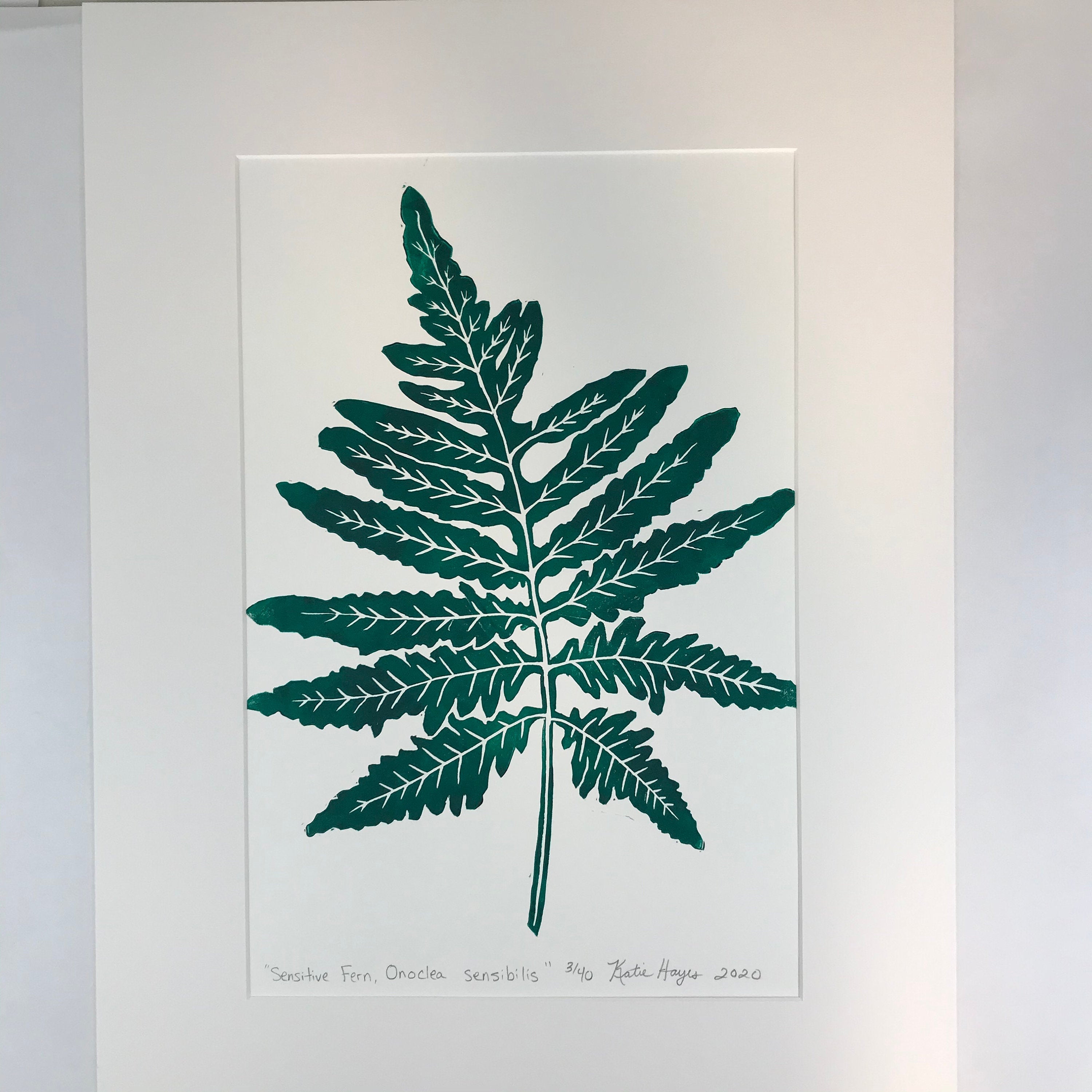 Sensitive Fern, original block print,  Limited Edition with 18x24 mat, Naturalist Art