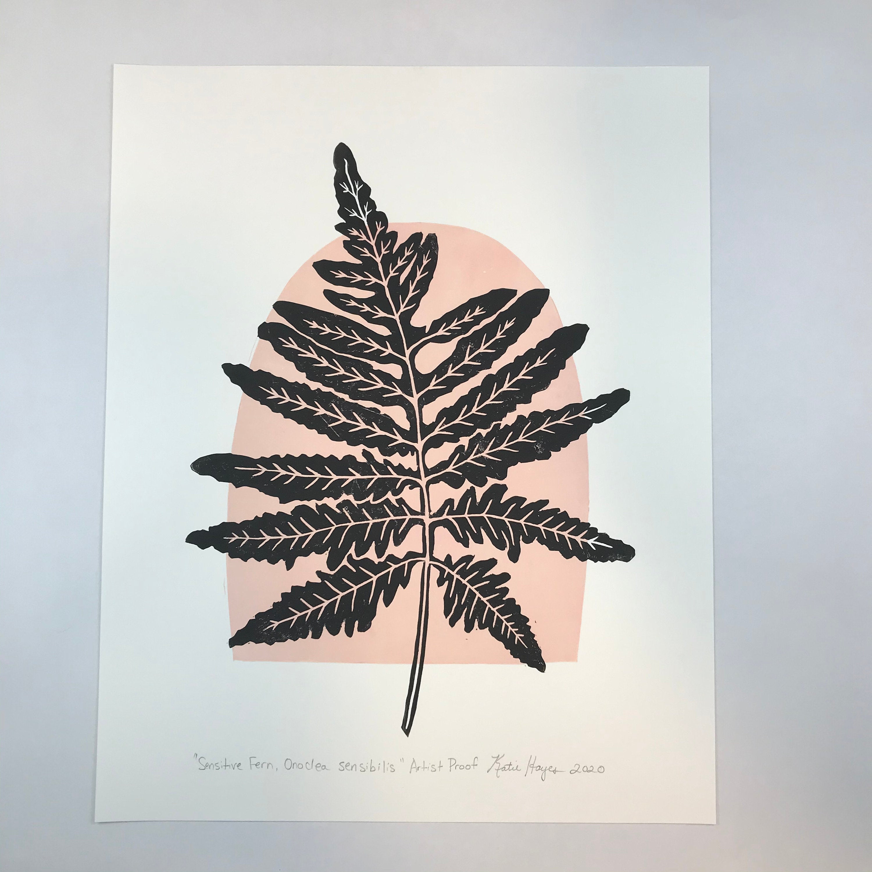 Jumbo, Sensitive fern botanical block print, Full Color Artist proof with 18x24 mat