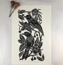 Load image into Gallery viewer, Scarlet Tanager Black and White folk art block print Hand pulled on 12x18 paper, Artist Proof

