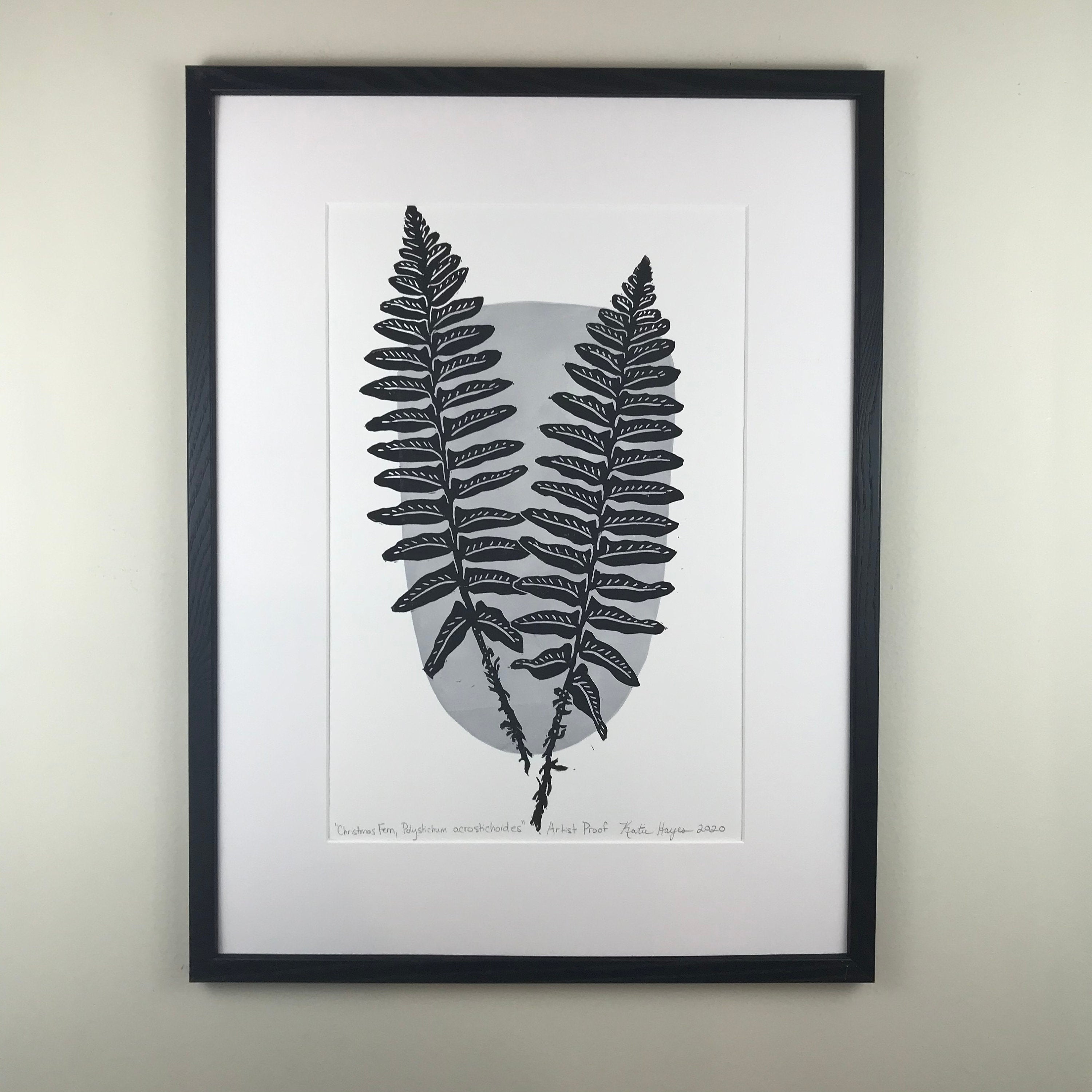 Jumbo, Christmas fern, original block print,  Full color Arist Proof with 18x24 mat