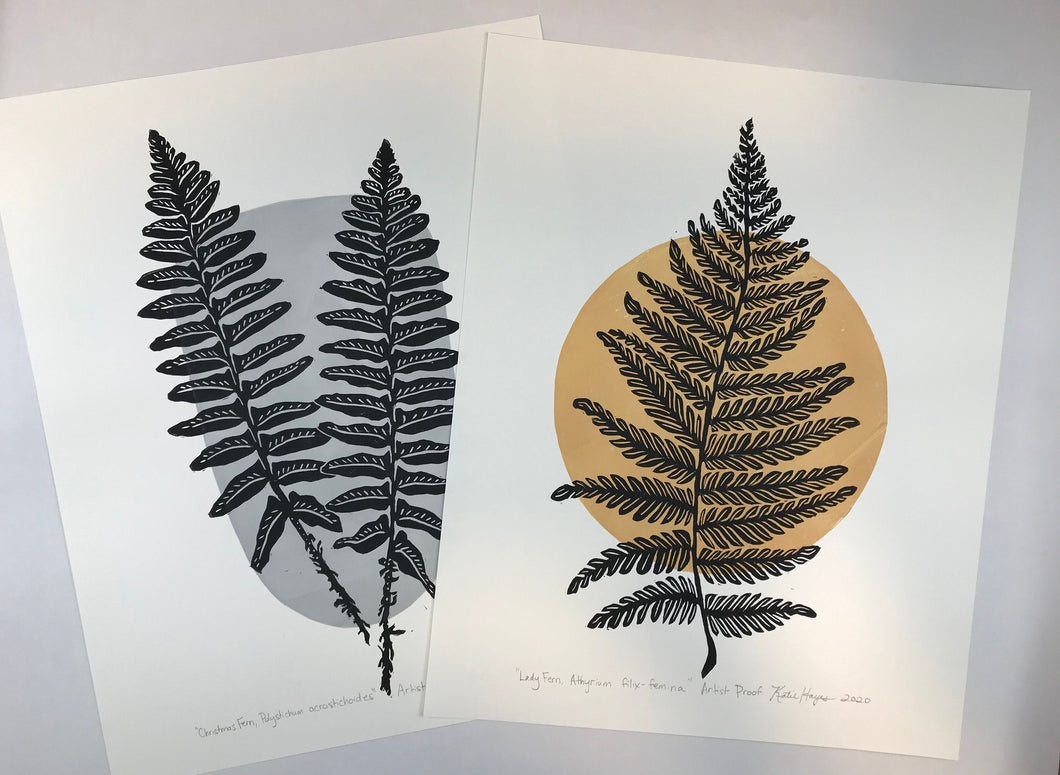 Set of 2 or 3 large Native Fern block prints,  Full color Artist proof. Hand pulled jumbo 16 x 20 paper, Naturalist Art