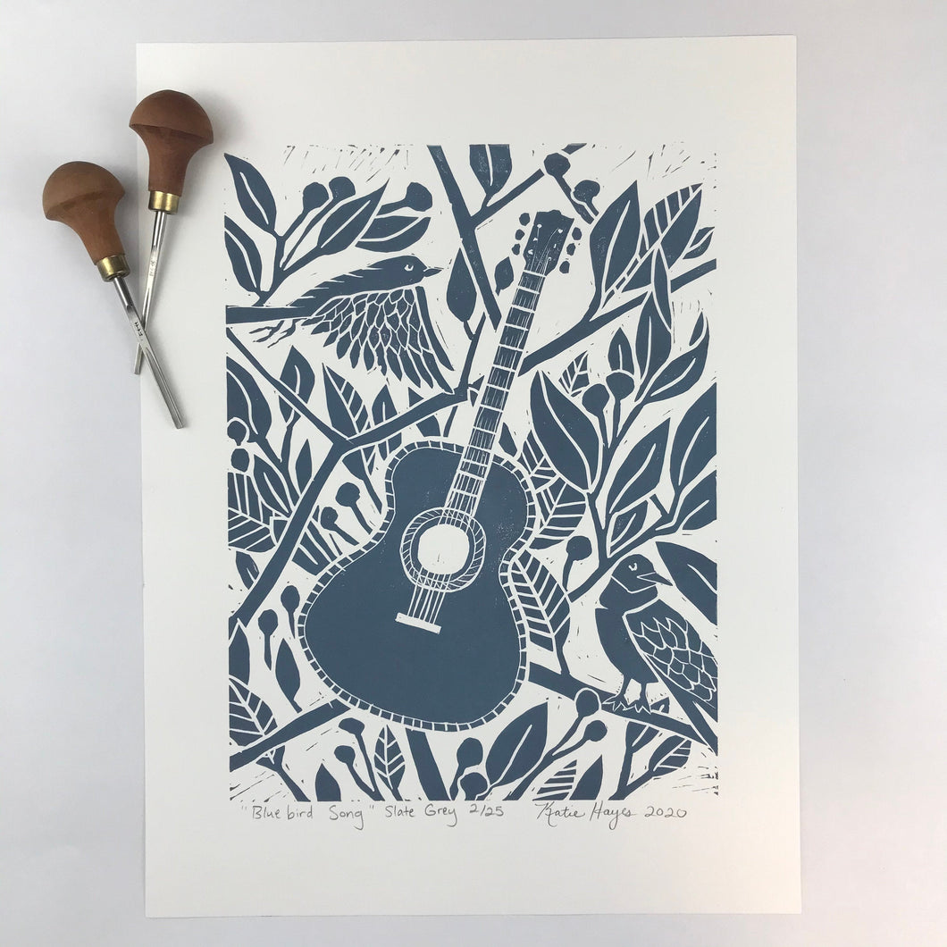 Bluebird song, limited edition block print. Hand pulled on 12x16 paper