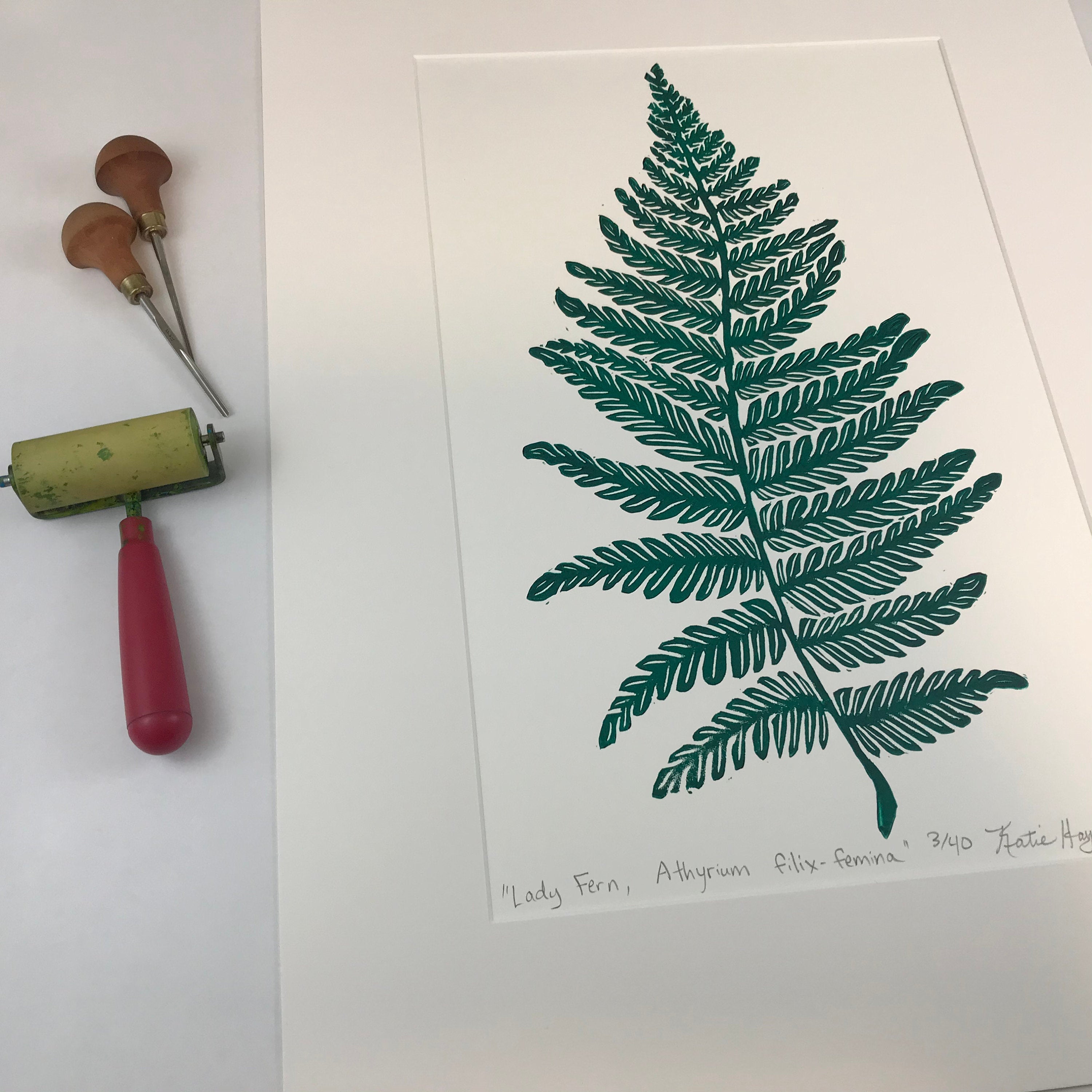 Lady Fern, original block print,  Limited Edition with 18x24 mat, Naturalist Art