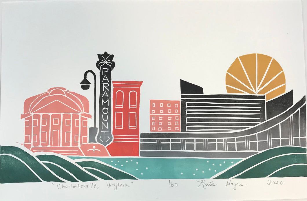 Charlottesville, Virginia- Limited Edition Block print- Full color with 18x24 mat