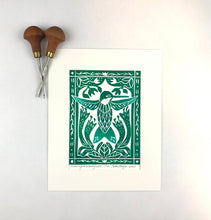 Load image into Gallery viewer, Hummingbird and Honeysuckle, Mini Block Print, Limited Edition, Woodland wall art
