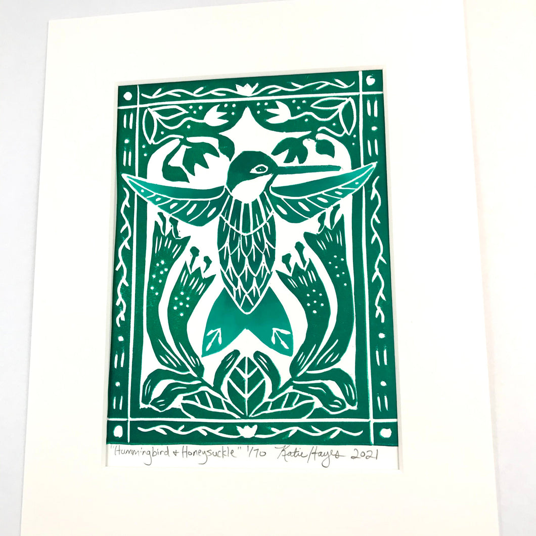 Hummingbird and Honeysuckle, Mini Block Print, Limited Edition, Woodland wall art