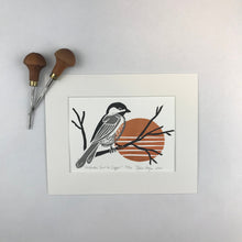 Load image into Gallery viewer, Chickadee Sunrise, Copper, Mini Block Print, Limited Edition, backyard bird art

