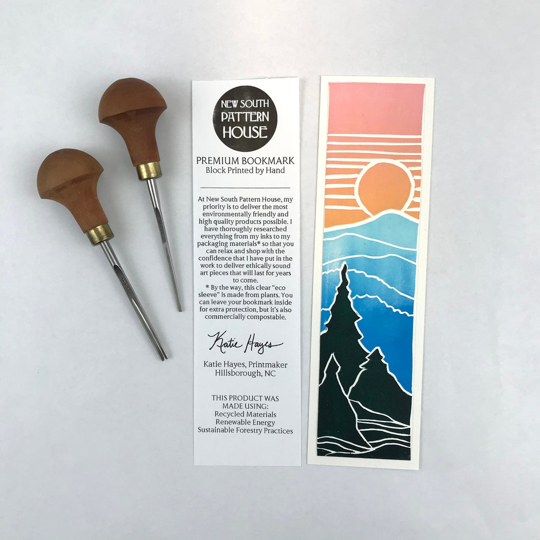 Block printed bookmark, “The Great Smoky Mountains” Sunset, 2.25 x 8.5 inches
