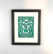 Load image into Gallery viewer, Hummingbird and Honeysuckle, Mini Block Print, Limited Edition, Woodland wall art
