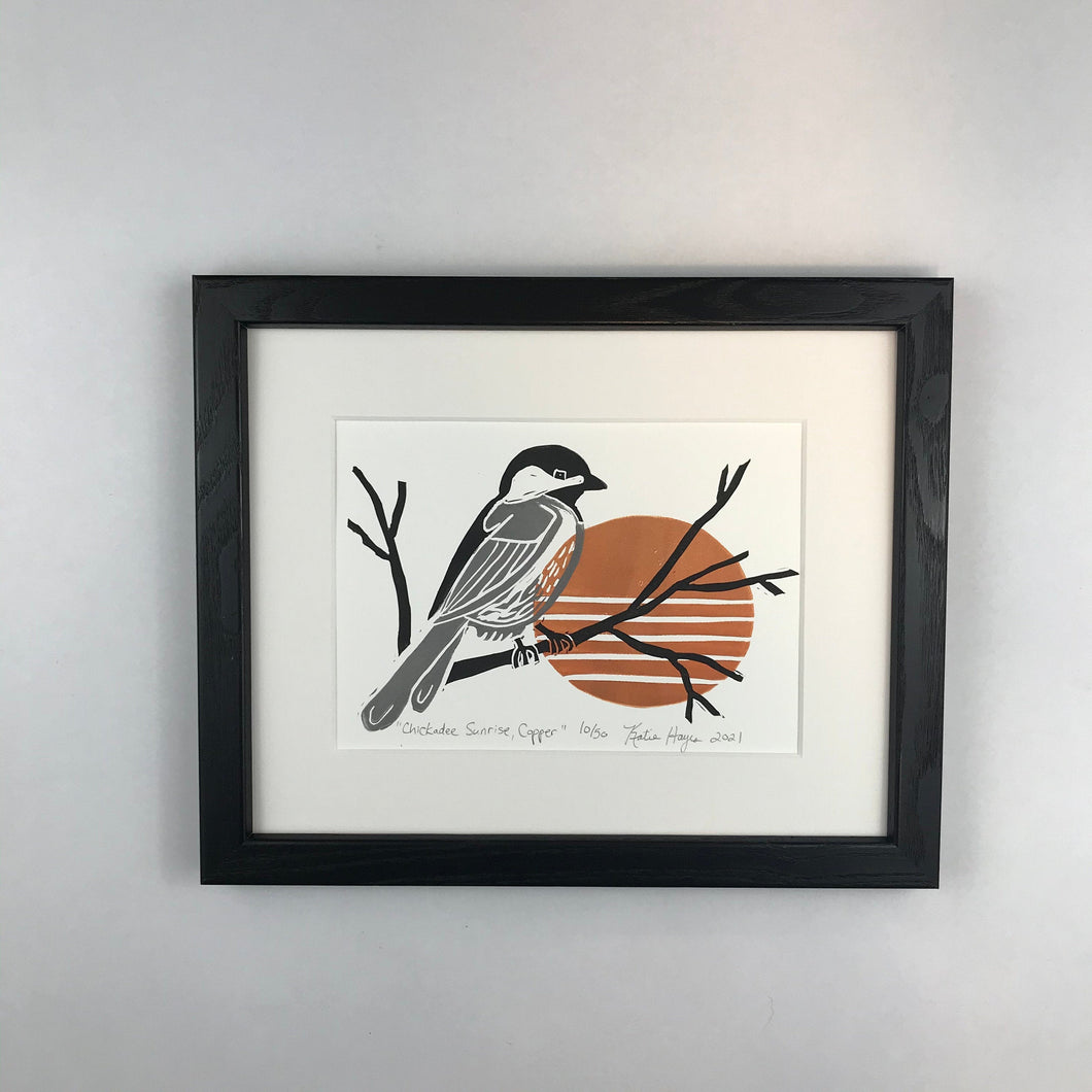 Chickadee Sunrise, Copper, Mini Block Print, Limited Edition, backyard bird art