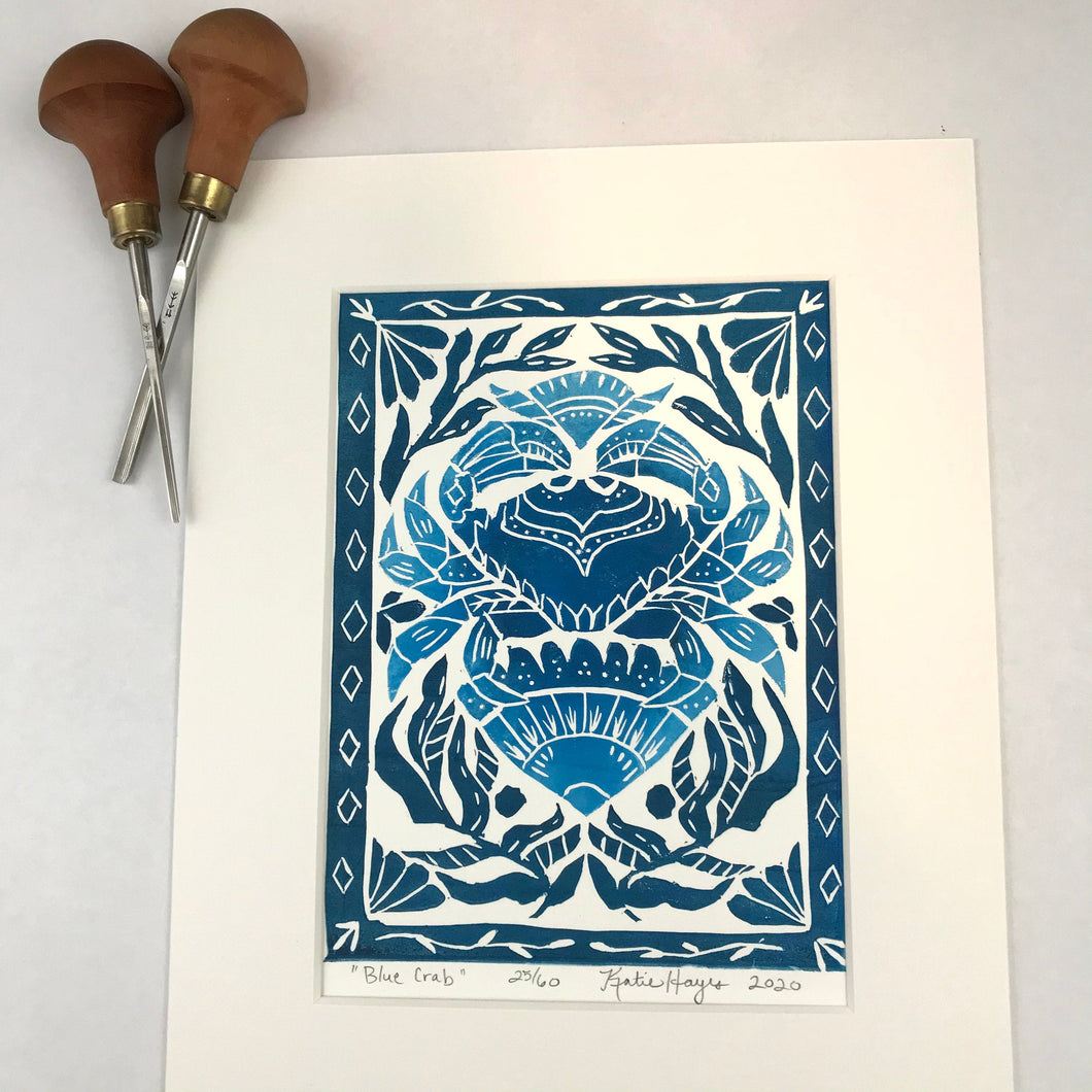 Blue Crab, Mini Linocut Print, Limited Edition, Nautical Beach house wall art