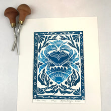 Load image into Gallery viewer, Blue Crab, Mini Linocut Print, Limited Edition, Nautical Beach house wall art
