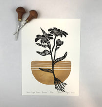 Load image into Gallery viewer, Black-Eyed Susan, Bronze-Mid-century Botanical Limited Edition block print 9X12 paper, 12x16 mat
