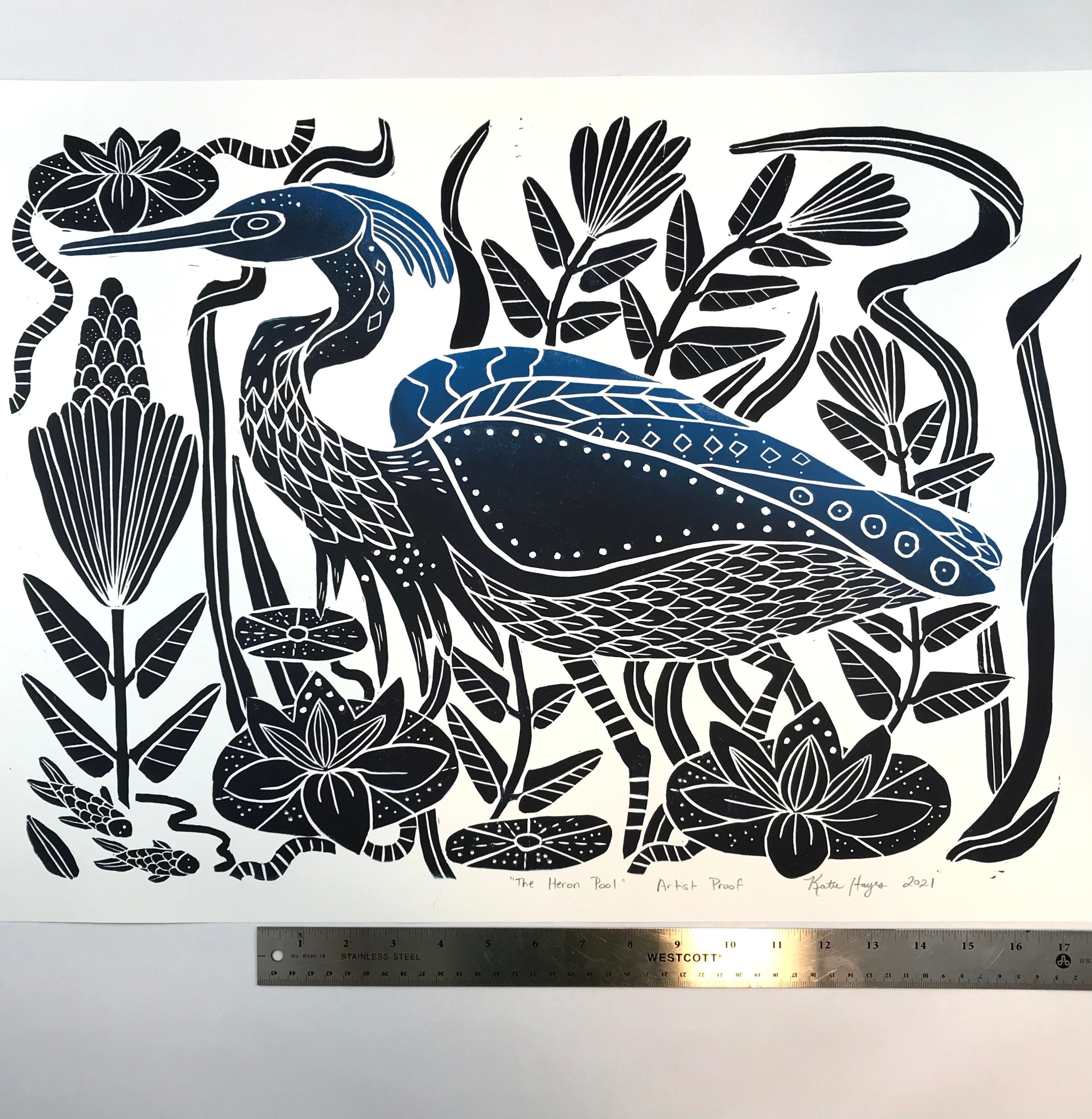 The Heron Pool, Extra large block print. Full Color. Hand pulled with custom 22x28 mat