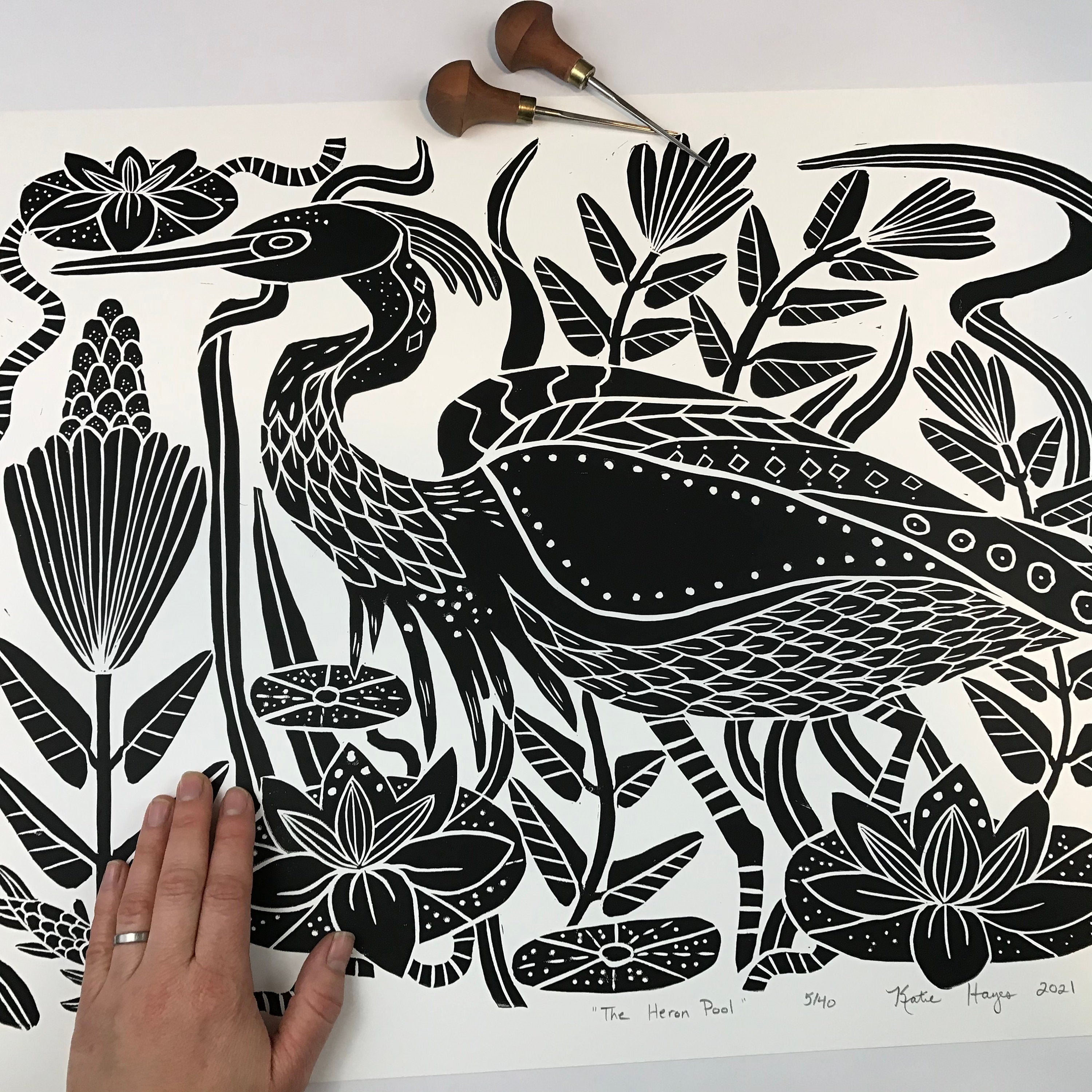 The Heron Pool, Extra large block print. Black and White Edition of 40. Hand pulled with 22x28 inch mat