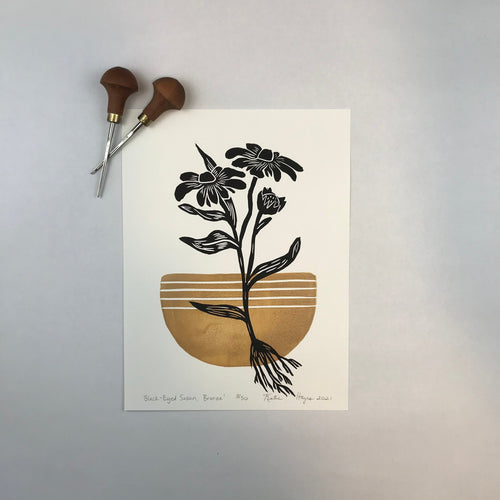 Black-Eyed Susan, Bronze-Mid-century Botanical Limited Edition block print 9X12 paper, 12x16 mat
