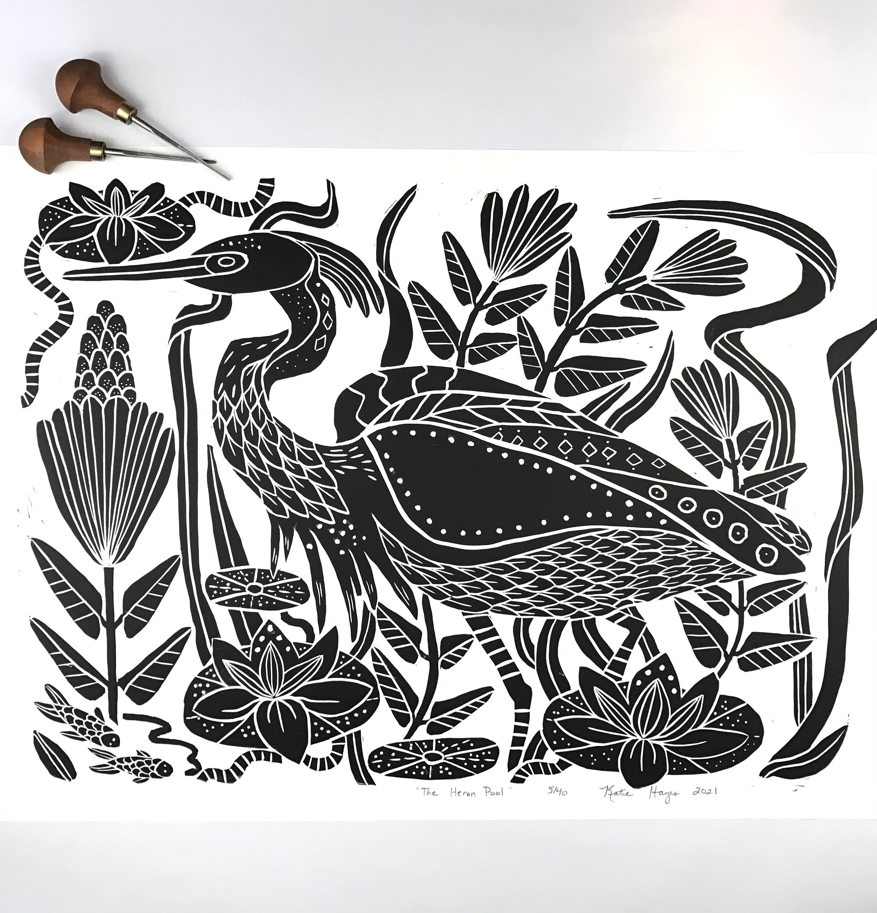 The Heron Pool, Extra large block print. Black and White Edition of 40. Hand pulled with 22x28 inch mat