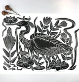The Heron Pool, Extra large block print. Black and White Edition of 40. Hand pulled with 22x28 inch mat