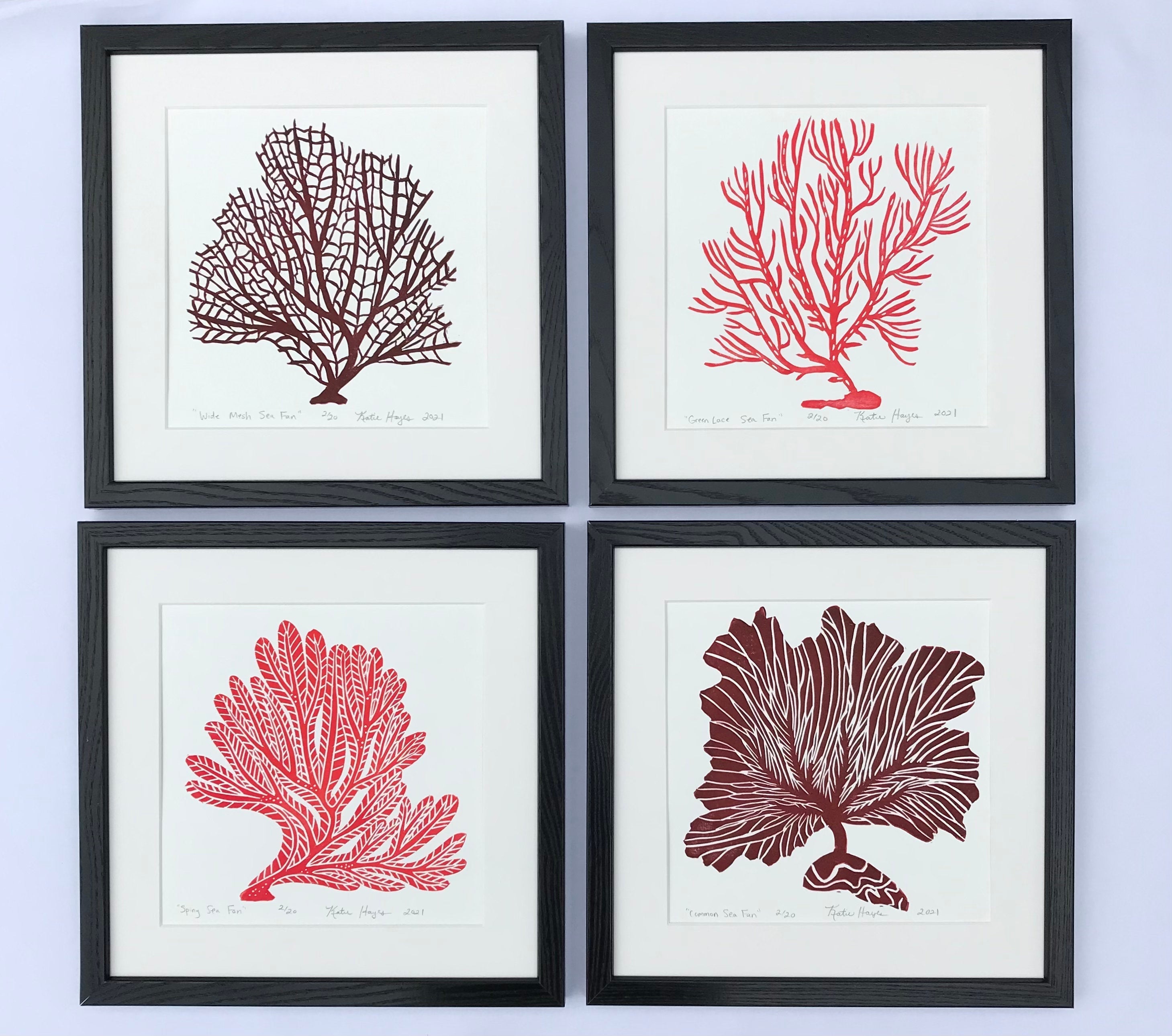 Wide Mesh Sea Fan, Dark Red, Hand Pulled Block print with 12x12 inch mat