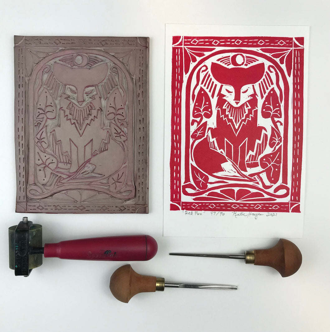 Red fox, crescent moon, Mini Block Print, Limited Edition, Woodland wall art