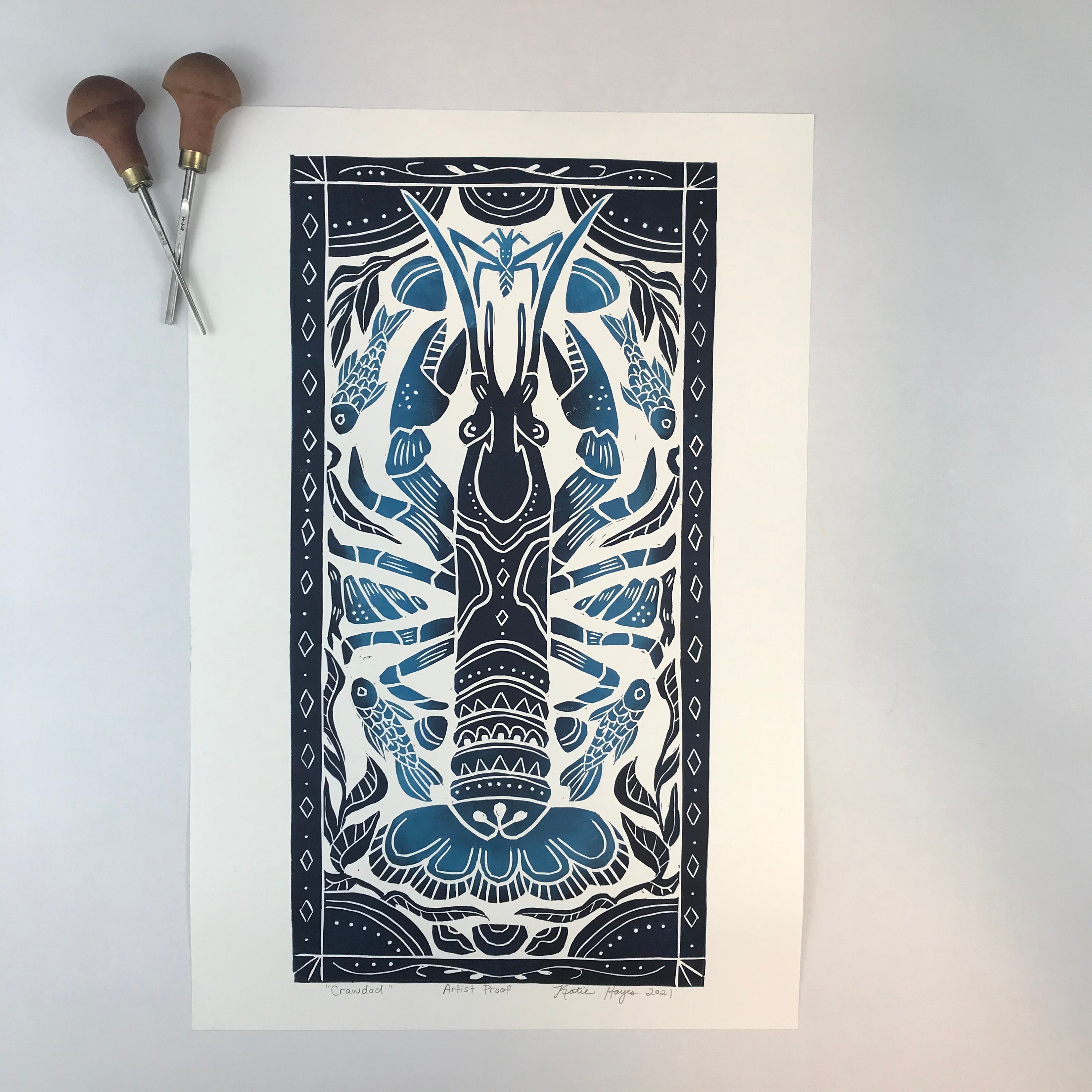 Crayfish, Artist Proof Hand pulled block print in Deepwater Blue. Freshwater Stream Wall Art 13x19 Mat