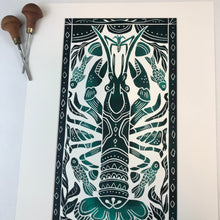 Load image into Gallery viewer, Crayfish, Artist Proof Hand pulled block print in Sylvan Green. Naturalist Woodland Wall Art
