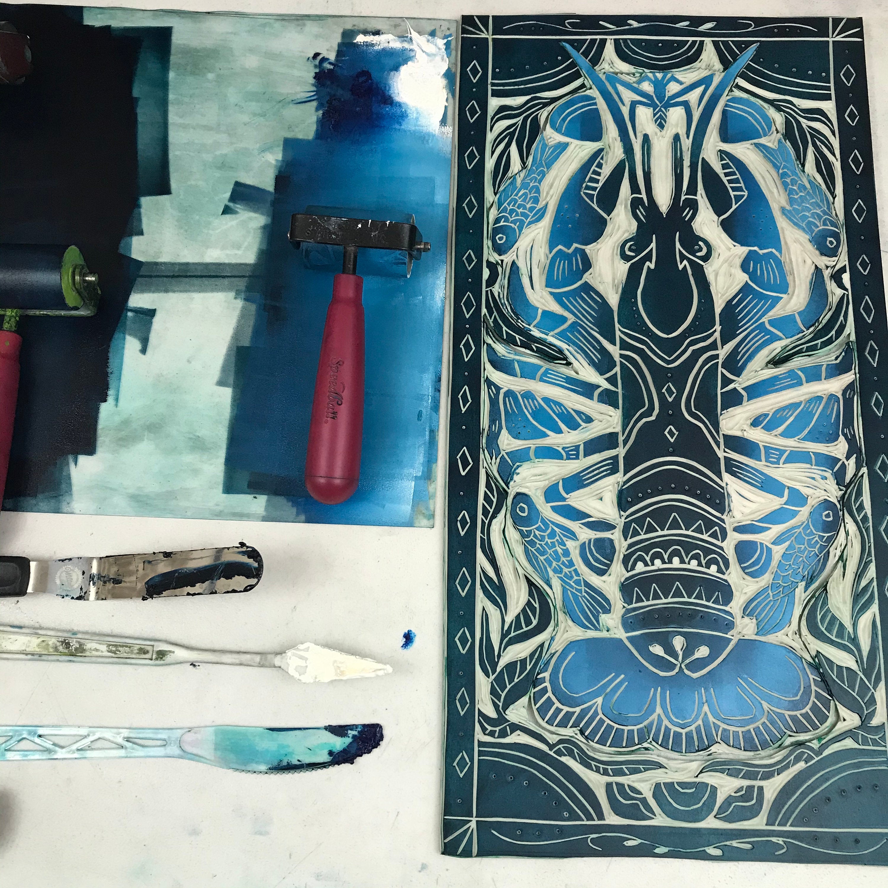 Crayfish, Artist Proof Hand pulled block print in Deepwater Blue. Freshwater Stream Wall Art 13x19 Mat