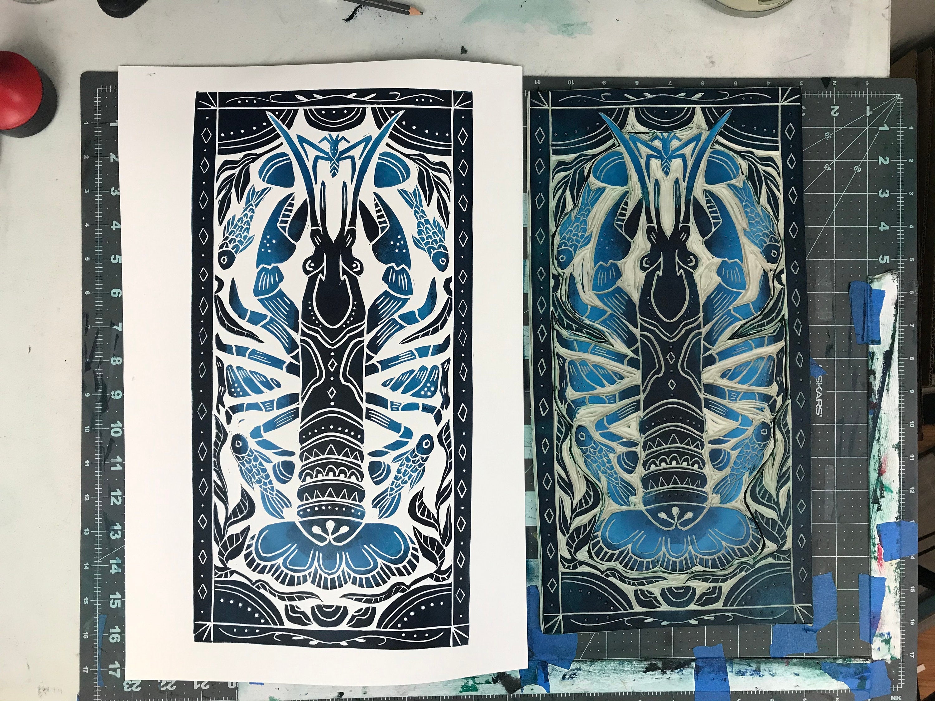 Crayfish, Artist Proof Hand pulled block print in Deepwater Blue. Freshwater Stream Wall Art 13x19 Mat