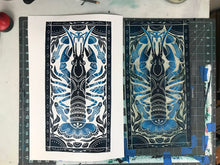 Load image into Gallery viewer, Crayfish, Artist Proof Hand pulled block print in Deepwater Blue. Freshwater Stream Wall Art 13x19 Mat
