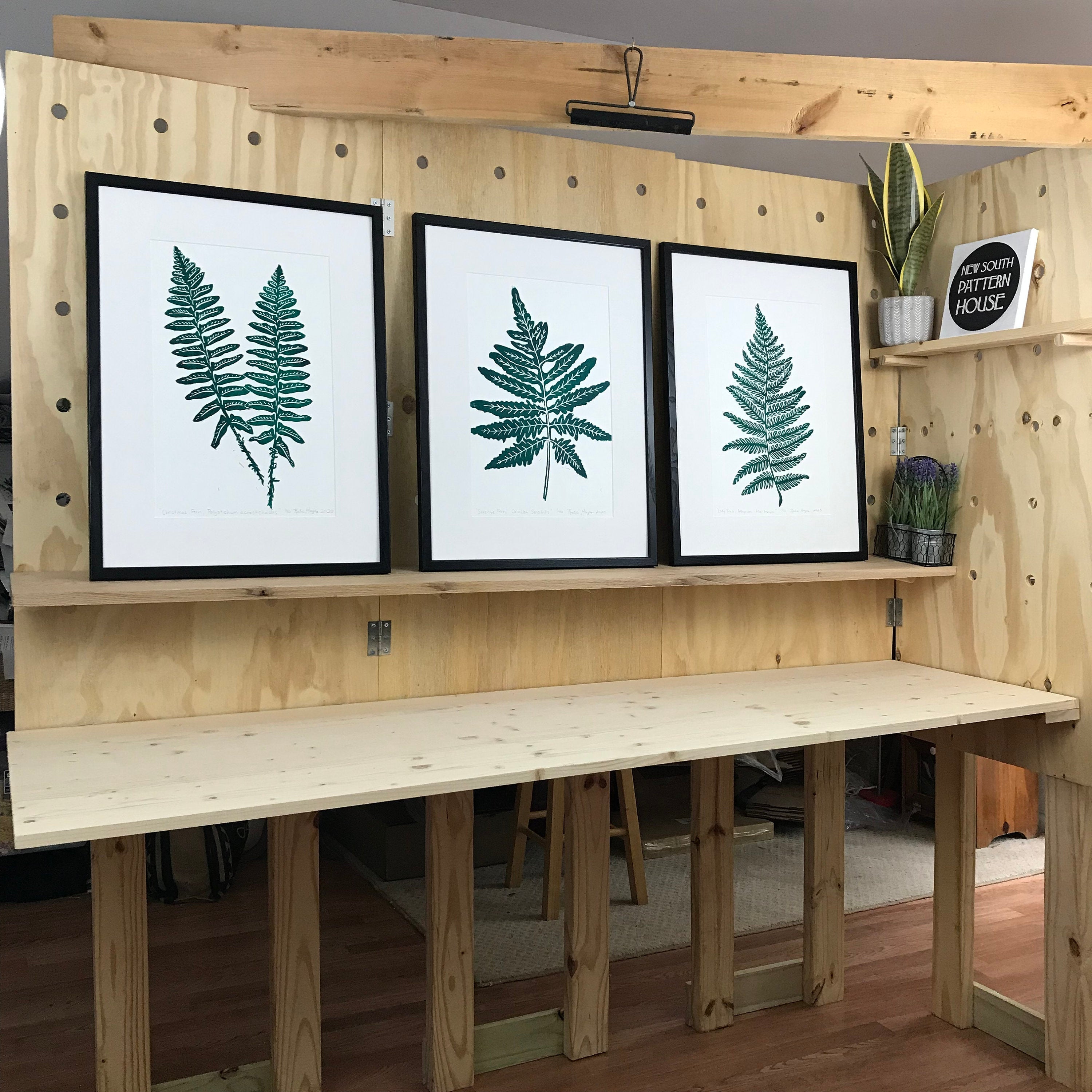 Set of 3 Native Southeastern Ferns, Limited Ed Block Prints, With 18x24 mat