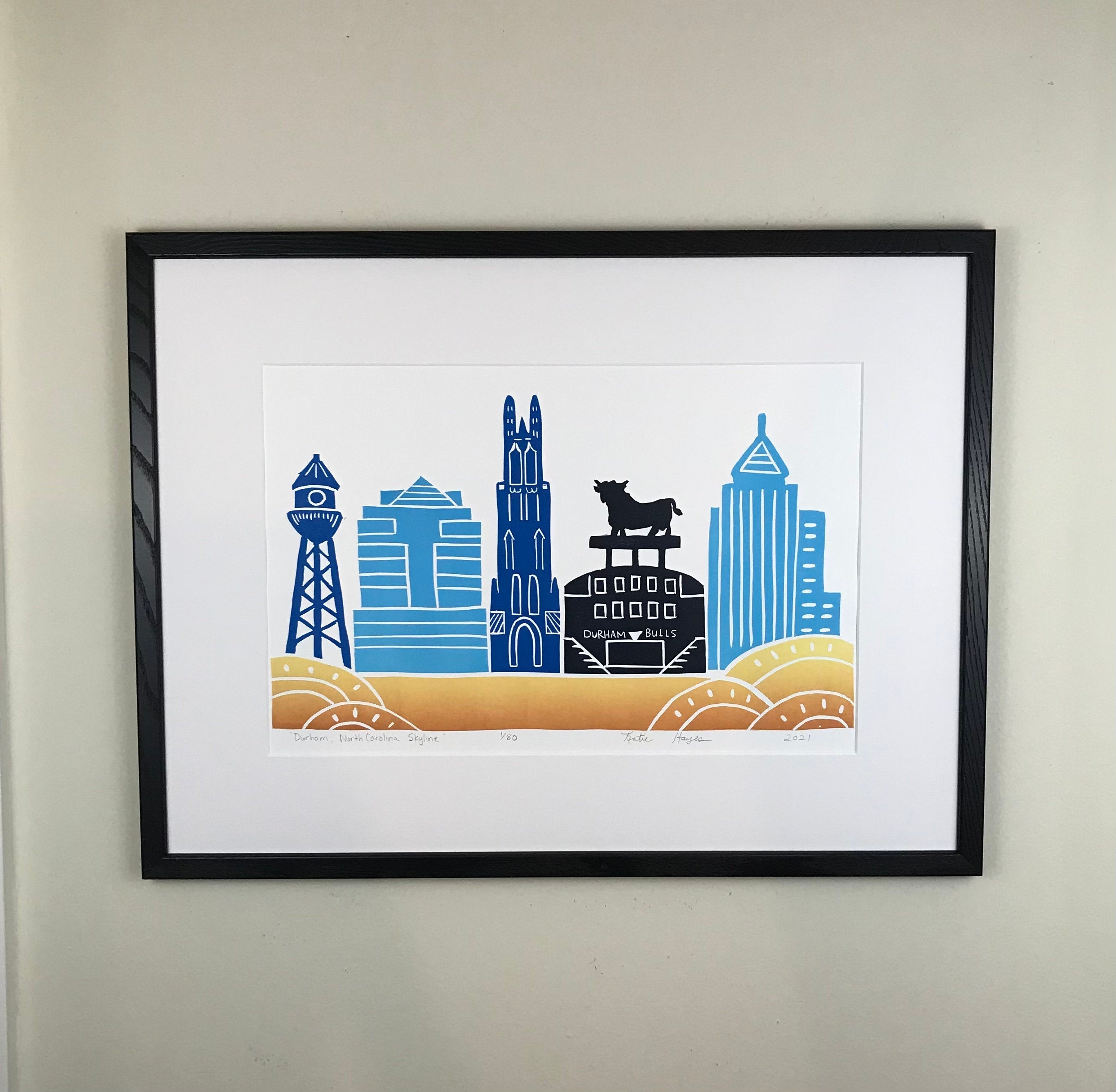 Durham, NC Skyline, Large Relief print with 18x24 mat