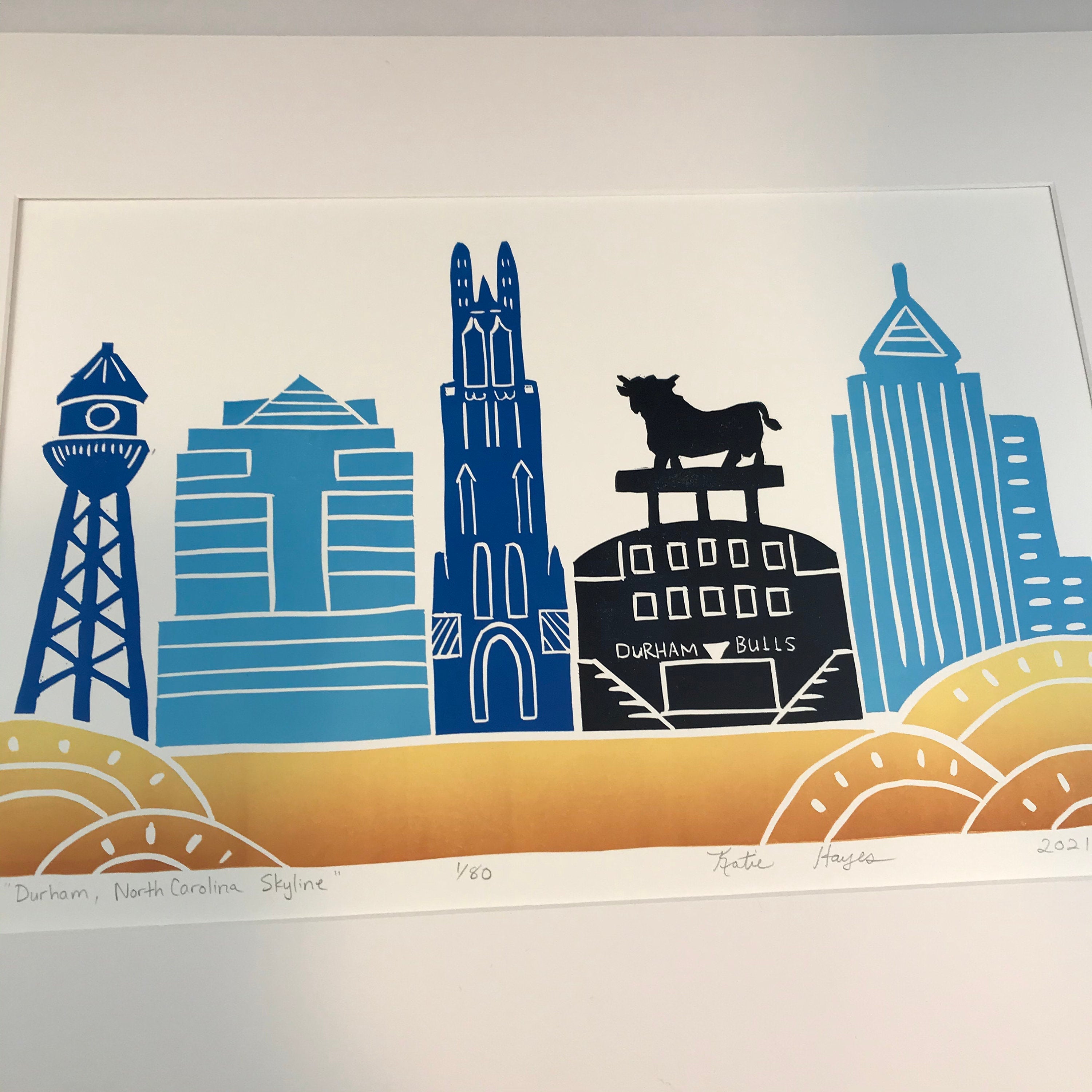 Durham, NC Skyline, Large Relief print with 18x24 mat