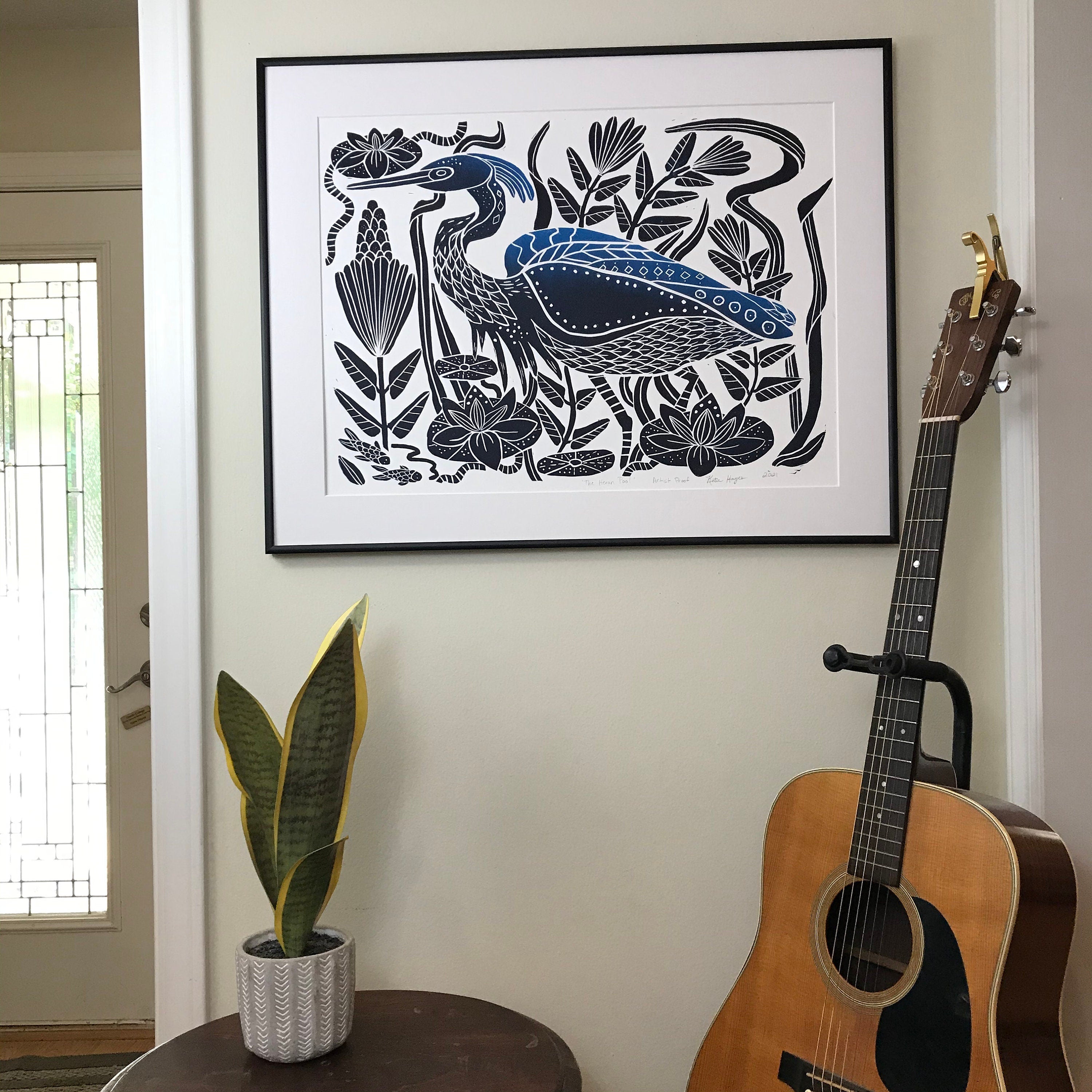 The Heron Pool, Extra large block print. Full Color. Hand pulled with custom 22x28 mat