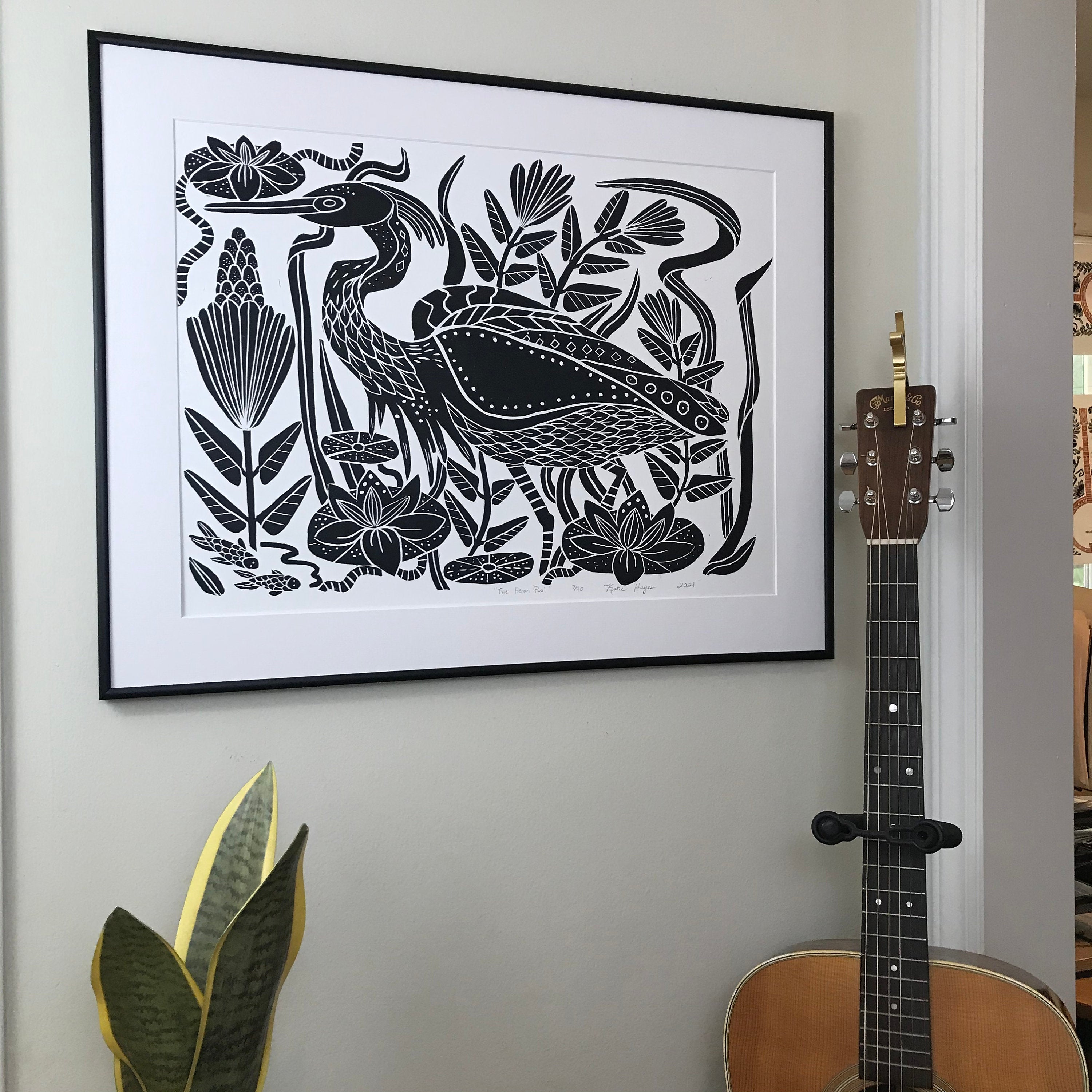 The Heron Pool, Extra large block print. Black and White Edition of 40. Hand pulled with 22x28 inch mat