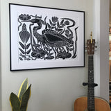 The Heron Pool, Extra large block print. Black and White Edition of 40. Hand pulled with 22x28 inch mat